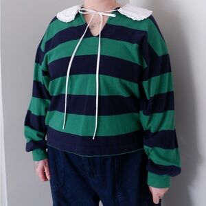 Striped Green & Navy Tie-Collar Women’s Top